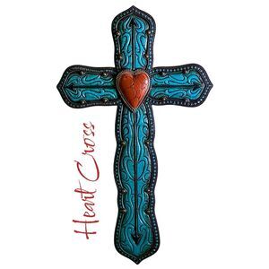 NWOT Montana West Rustic Western Turquoise Leather Red Heart Wall Cross